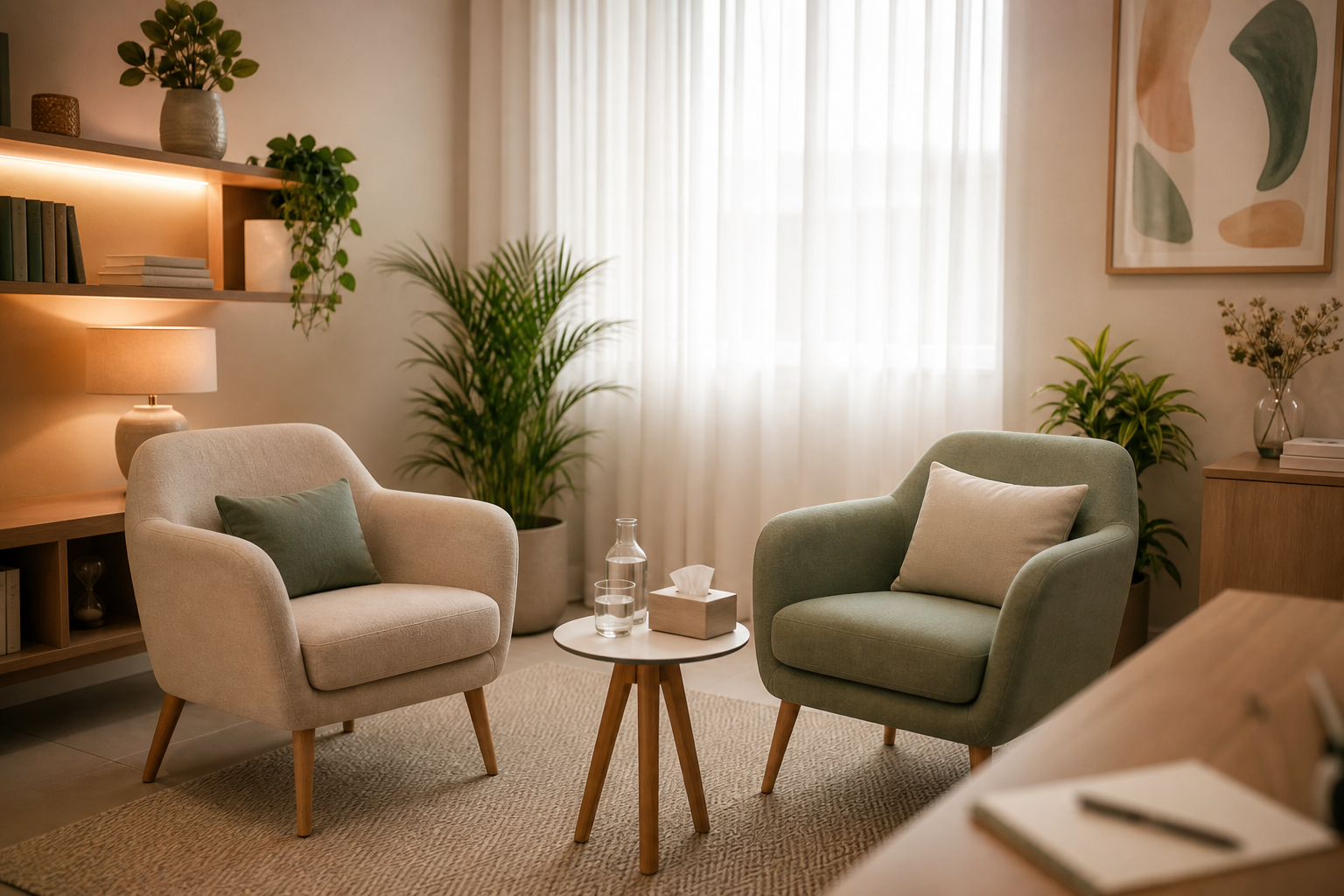 Consultório acolhedor com poltronas, plantas e luz natural